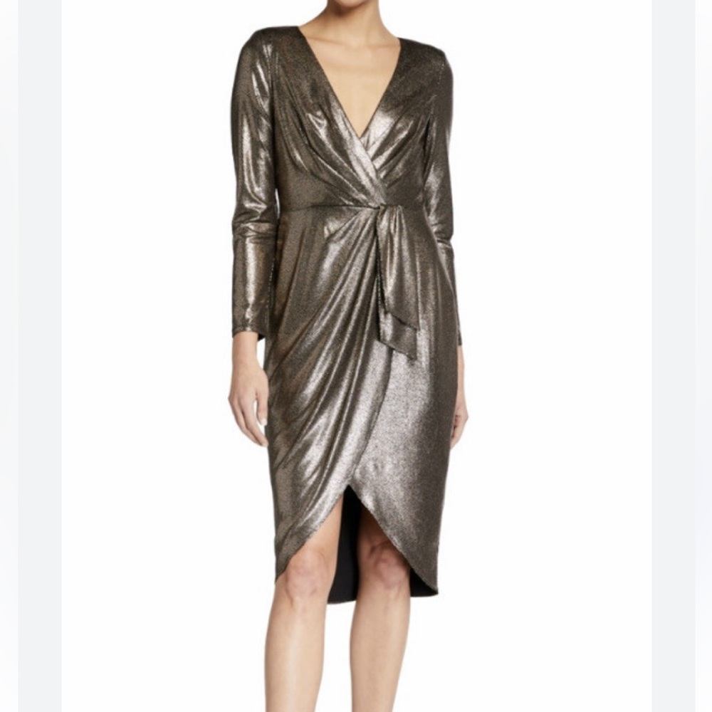 NWT Aidan by Aidan Mattox Foiled Jersey Draped Faux Wrap Dress. Size 2